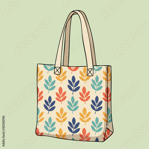 Tote bag with colorful leaves pattern on ecru canvas. Tote bag is handy everyday bag. Tote bag perfect for environmentally conscious consumers.