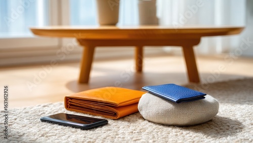 Leather wallets and phone on carpet