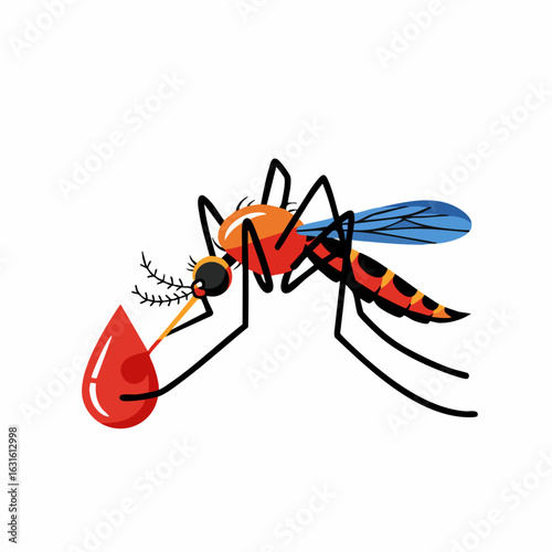 Cartoon mosquito with blood drop depicted on a white background. Cartoon mosquito sucking blood from its victim, a concept relating to disease transmission and vector borne illnesses.