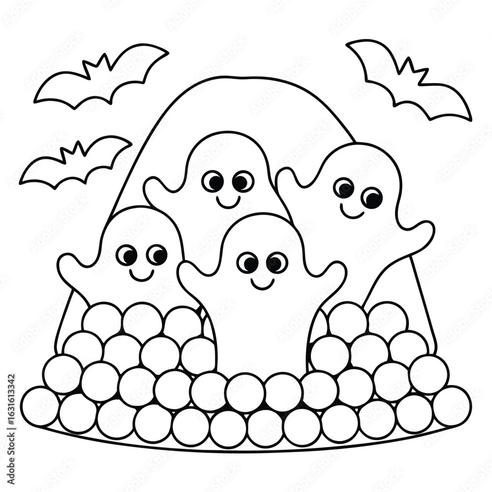 Fototapeta premium Four happy cartoon ghosts peeking from behind a pile of round objects with bats flying above on a white background