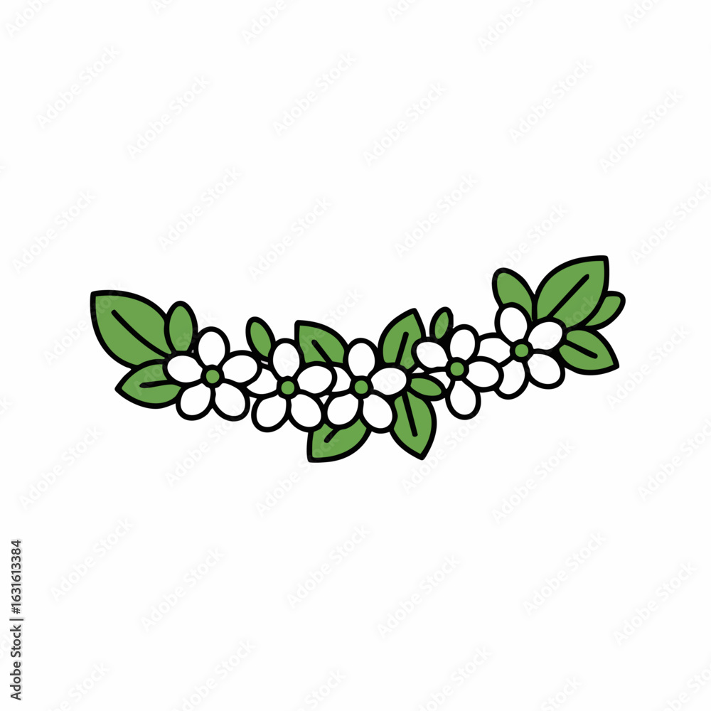 Obraz premium Flowers with leaves arranged in gentle curve, delicate blossoms showcasing purity and renewal. Flowers, with leaves, create visually appealing border for many creative applications.