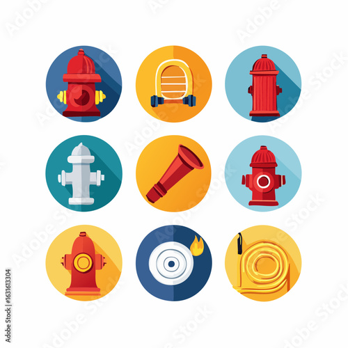 Filled-style icons for fire safety tools: hydrant, hose nozzle, blanket, alarm, exit signage in bold colors