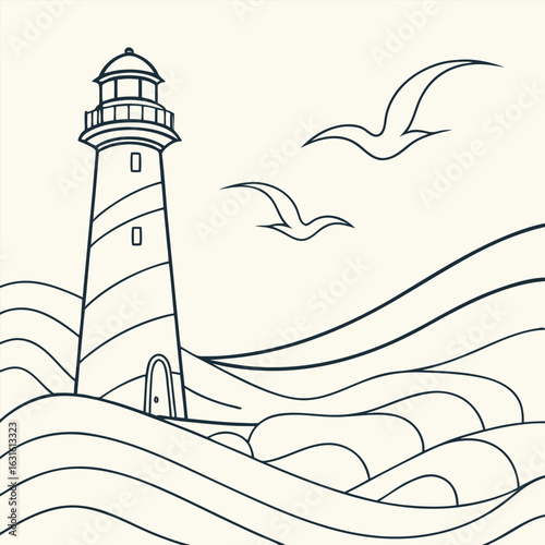 Illustration of a lighthouse on wavy water with two seagulls flying in the sky in a simple line drawing