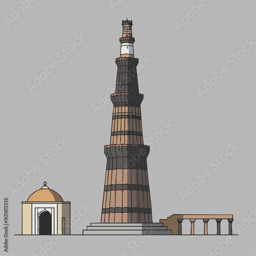 Illustration of Qutub Minar, showing this landmark in detail with a historical context. Depicting Qutub Minar with its architectural details, and nearby buildings,