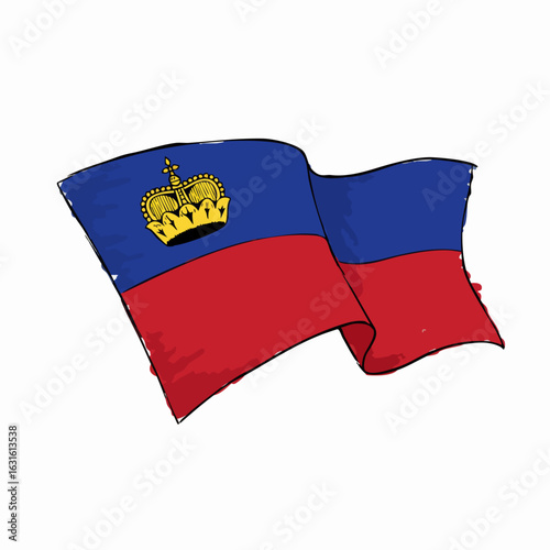 Liechtenstein flag waving proudly. National flag of Liechtenstein with golden crown detail. Patriotism symbol, perfect for print designs, social media graphics, and website banners.
