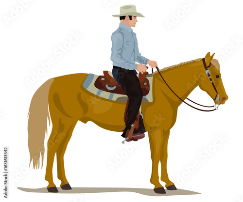 Cowboy Riding Western Horse Standing Color Illustration
