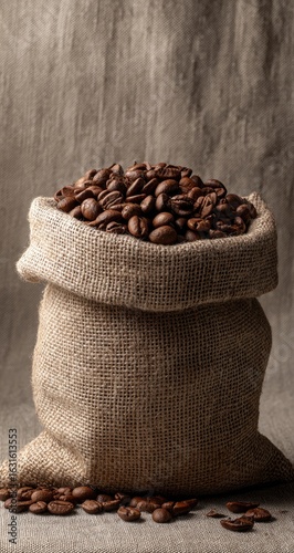 Rustic burlap sack filled with coffee beans