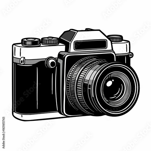 Old camera graphic with a lens and viewfinder, black and white classic camera for photography enthusiasts. Old camera look enhances retro design. Vintage camera ideal for graphic design.