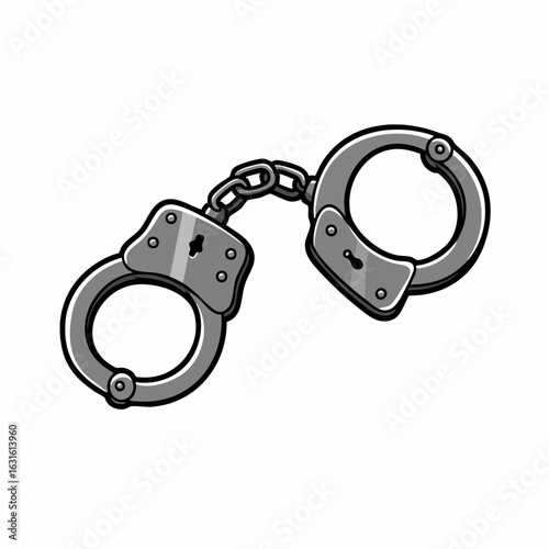 Metallic handcuffs used in law enforcement, designed for detaining individuals, are shown on white. These restraints symbolize Image FX, reflecting law and order, legal consequences, and authority.