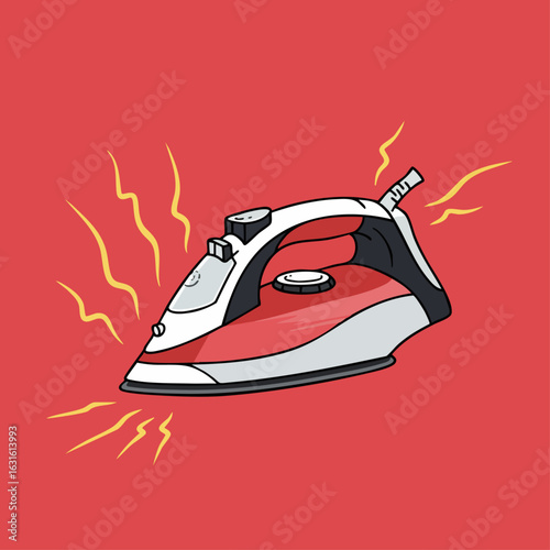 Isolated ironing appliance with steam effect and vibrant color illustrates image effects in editorial usage. Cartoon steam iron with hot plate, cord and switch.