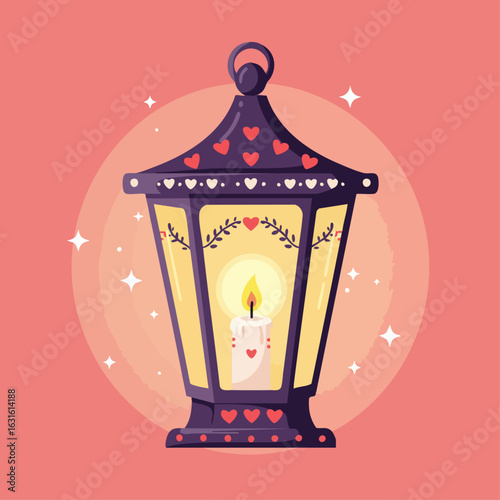 Decorative lighting with ornamental lantern and candle casting light on a pink background. Decorative lighting enhances space with festive lantern, which features a burning candle.