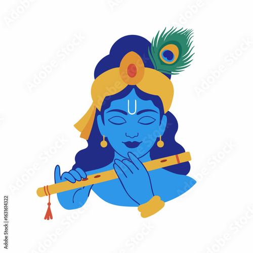 Lord Krishna image playing flute, adorned with peacock feather. Lord Krishna showcases a revered figure in Hinduism, embodying divine love, wisdom, and power.