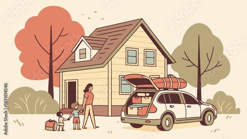 A mother and son prepare for an adventure, packing their car as autumn leaves fall around their cozy home.
