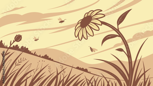 A stylized illustration of a sunflower in a warm, beige landscape, surrounded by buzzing bees and rolling hills.