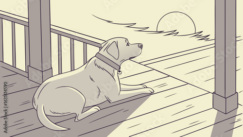 A serene scene featuring a golden retriever gazing at a sunset from a porch, evoking feelings of tranquility and companionship.