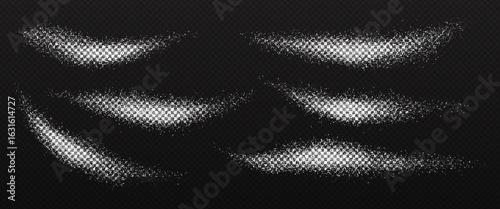 Salt sugar snow or flour powder, splatter texture brush effect. Realistic 3d vector overlay of granule splashes, white grainy scattered crystal burst. Dust explode waves, sprinkled particle spray