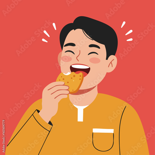 Man eating cookie with joy and happiness, illustrating cheerful expression of enjoying food. Man eating cookie, with bite mark, showcases human connection to simple pleasure of a treat.