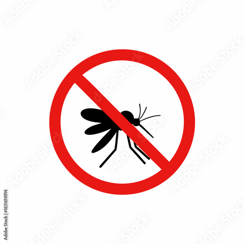 No mosquito sign featuring simple silhouette of an insect inside red prohibition circle. No mosquito icon represents prevention from diseases transmitted by insects such as malaria or zika,