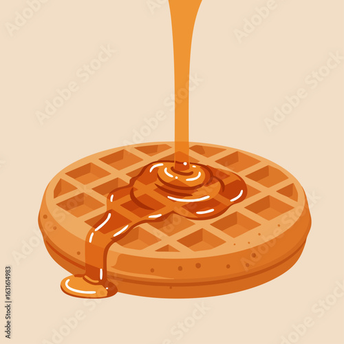 Round waffle with syrup dripping onto waffle from above, creating delicious breakfast. Golden waffle is appetizing with sweet, sticky topping. Use round waffle for breakfast menu cards.