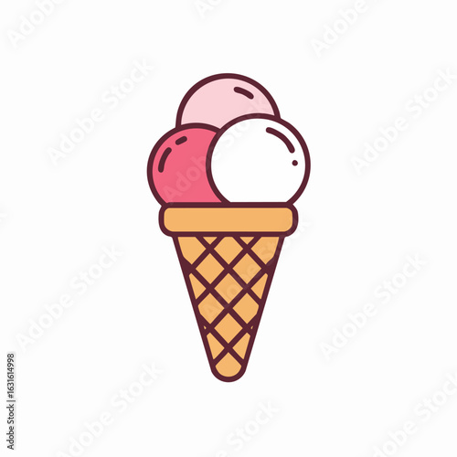 Ice cream cone features three scoops of different flavors in a waffle cone. This sweet ice cream is an appetizing treat. Simple ice cream icon for summer promotions.