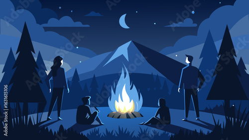 A diverse group of four individuals enjoying a serene campfire night under a starry sky.