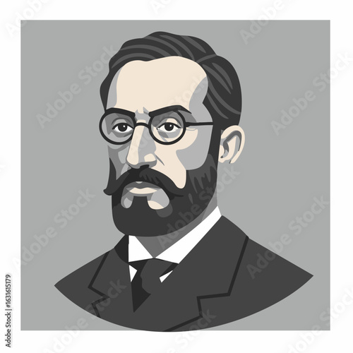 Historical figure illustration depicting a man with glasses, historical figure in suit and tie on gray background. The historical figure illustration highlights a serious gentleman of history.