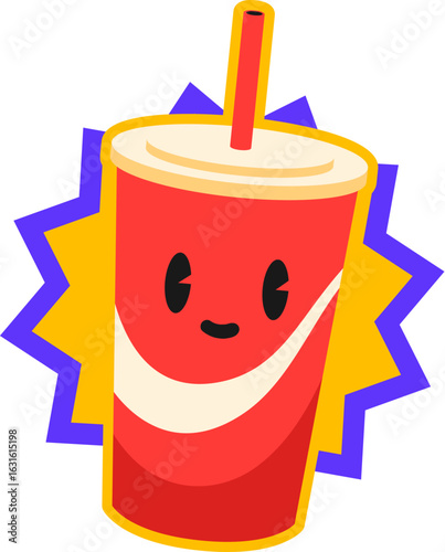 Fast food soda cup retro Y2K sticker or print. Takeaway cafe drink 2000s vector patch, takeout restaurant beverage retro label. Street food sticker or Y2K tag with cold refreshing drink cup character