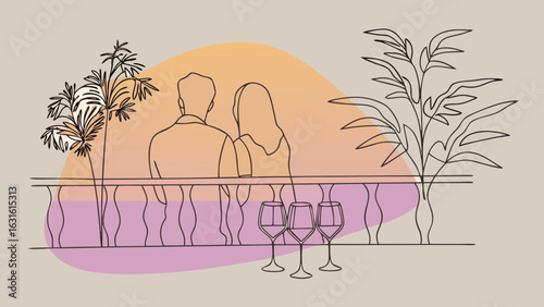 A romantic couple enjoys a serene moment together on a balcony, surrounded by lush plants and glasses of wine.