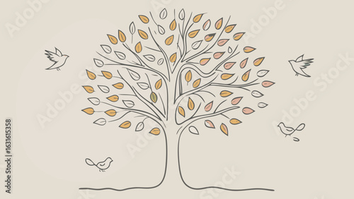 A whimsical hand-drawn tree with autumn leaves and birds, embodying a peaceful and cozy vibe.