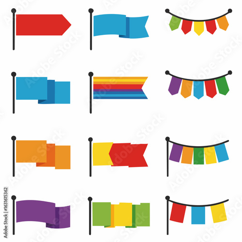 Colorful flags and bunting collection. Festive flags and bunting for party decoration. Bright flags and bunting ideal for celebrations and events.