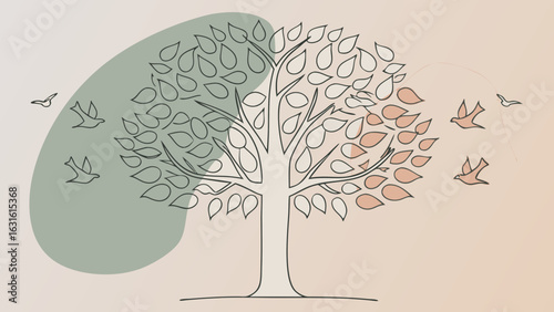 A minimalist illustration of a tree with leaves and birds, evoking a serene and natural ambiance.
