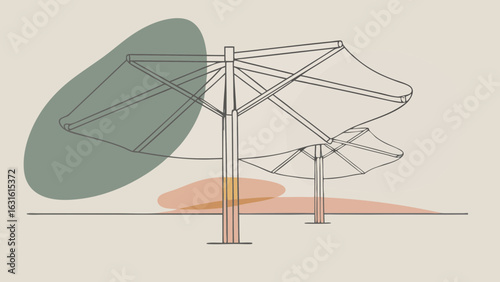 Stylish line art of two beach umbrellas with a minimalist design against a soft pastel background.