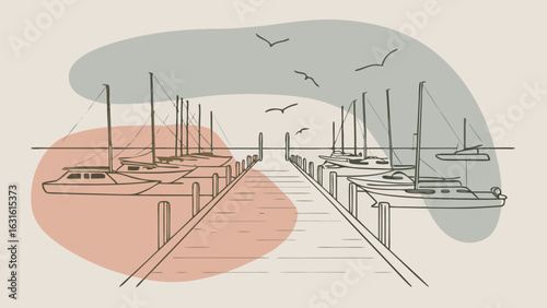 A serene marina scene featuring sailboats docked along a wooden pier, surrounded by soft pastel hues.