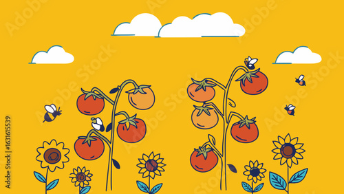 Colorful illustration of tomato plants and sunflowers with a cheerful yellow background.