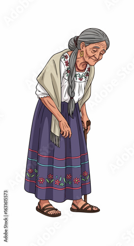 Elderly woman with walking stick, traditional clothing, and kind smile. This illustration shows senior woman in ethnic attire, leaning slightly forward with a cane.