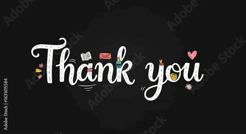 Elegant thank you message design with hand lettering. Stylish thank you card with colorful elements and decorative accents.  Sophisticated thank you note perfect for expressing gratitude.