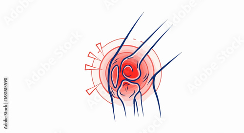 Illustration of inflamed knee joint with virus.  Inflammatory knee pain caused by viral infection. Medical illustration depicting knee joint inflammation showing pain and virus.