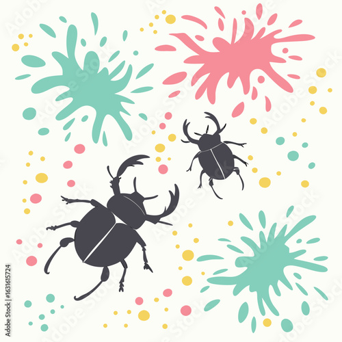 Illustration of two black beetles with large mandibles surrounded by colorful paint splatters and dots