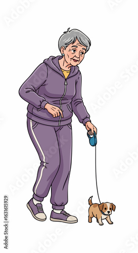 Elderly woman with her pet on a dog walk, a special moment for animal lovers. Dog walk shows companionship as woman spends time outdoors with puppy.