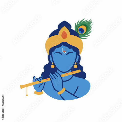 Illustration of Lord Krishna with flute, a celebrated deity known in Hinduism. Lord Krishna is shown with a peacock feather in his crown and playing flute.