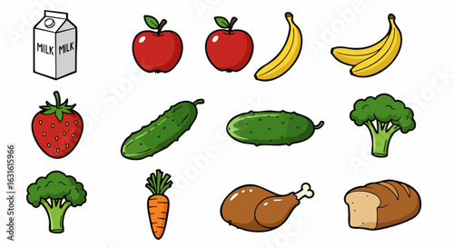 Isolated foods arranged on white background creates a balanced food selection. Balanced food assortment with fresh fruits and vegetables, milk, bread and chicken.
