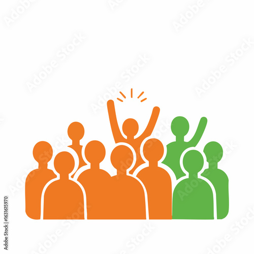 Group of people celebrates with one individual raising their arms, celebrating victory. Orange and green figures together showcase group success.