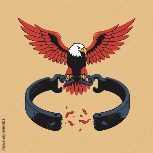 Symbolic illustration of freedom with American eagle and broken handcuffs on beige background. Powerful freedom is about breaking free from oppression and claiming independence.