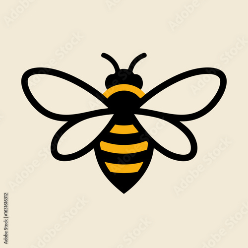 Honey bee graphic with black outline on soft beige backdrop. Simple honey bee illustration evokes nature. Sweet honey bee illustration is ideal for beekeeping, honey products,