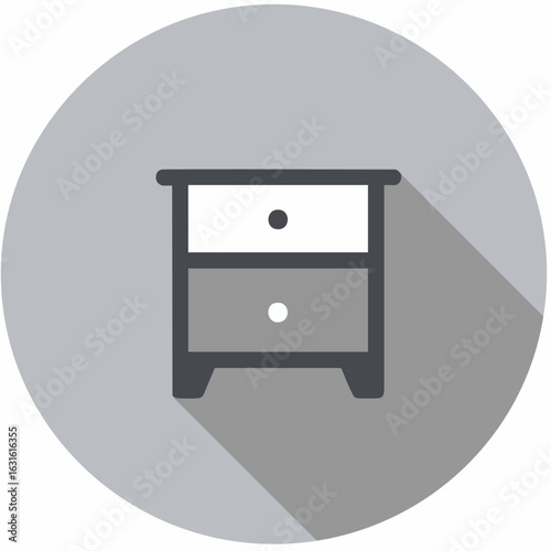 Bedside table icon with minimalist design against a gray circle background. This bedside table icon showcases furniture design with two drawers and a clean, modern aesthetic.