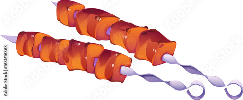 Cartoon grilled meat skewers with juicy roasted pieces on twisted metal sticks. Tasty barbecue dish, kebabs on white background. Vector cooking process, cook food for bbq and outdoor picnic party