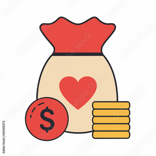 Money bag illustration with heart for charity giving. Money bag with coins symbolizes wealth and donation, representing philanthropy and generosity.