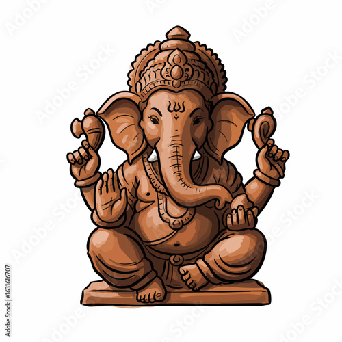 Ganesha idol illustration on white background with details of the Hindu deity, Lord Ganesha. This Ganesha idol shows religious reverence and tradition, invoking cultural art.