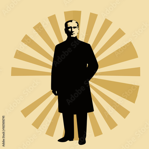 Atatürk silhouette in black against sunburst graphic creates striking political statement. Atatürk image evokes power and tradition, symbolizing leadership and heritage.