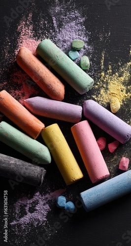 Colorful chalk sticks scattered on a dark surface